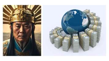À gauche l'image d'un empereur chinois évoquant le "mandat du ciel" et à droite un globe terrestre entouré de dollar, évoquant la prédation anglo-saxone À gauche l'image d'un empereur chinois évoquant le "mandat du ciel" et à droite un globe terrestre entouré de dollar, évoquant la prédation anglo-saxone