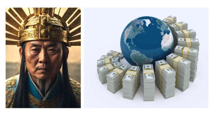 À gauche l'image d'un empereur chinois évoquant le "mandat du ciel" et à droite un globe terrestre entouré de dollar, évoquant la prédation anglo-saxone À gauche l'image d'un empereur chinois évoquant le "mandat du ciel" et à droite un globe terrestre entouré de dollar, évoquant la prédation anglo-saxone